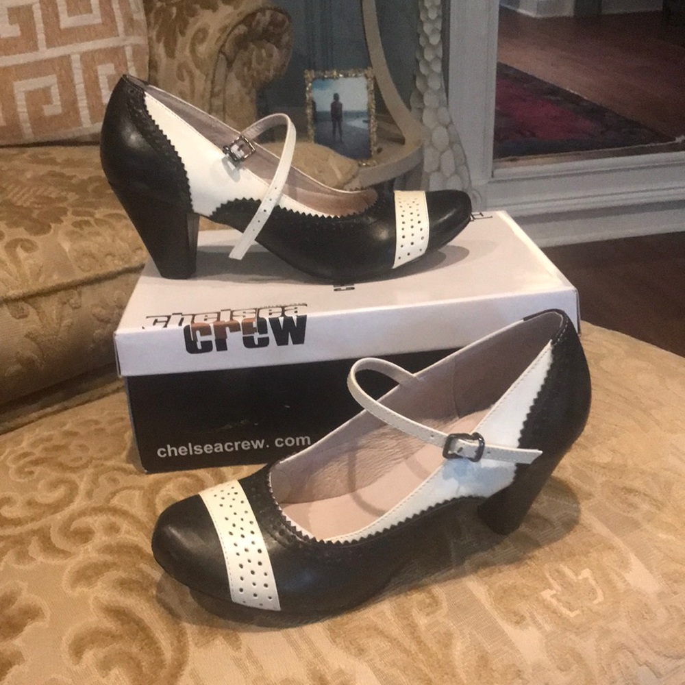 Black and white Mary Jane all leather with buckle strap